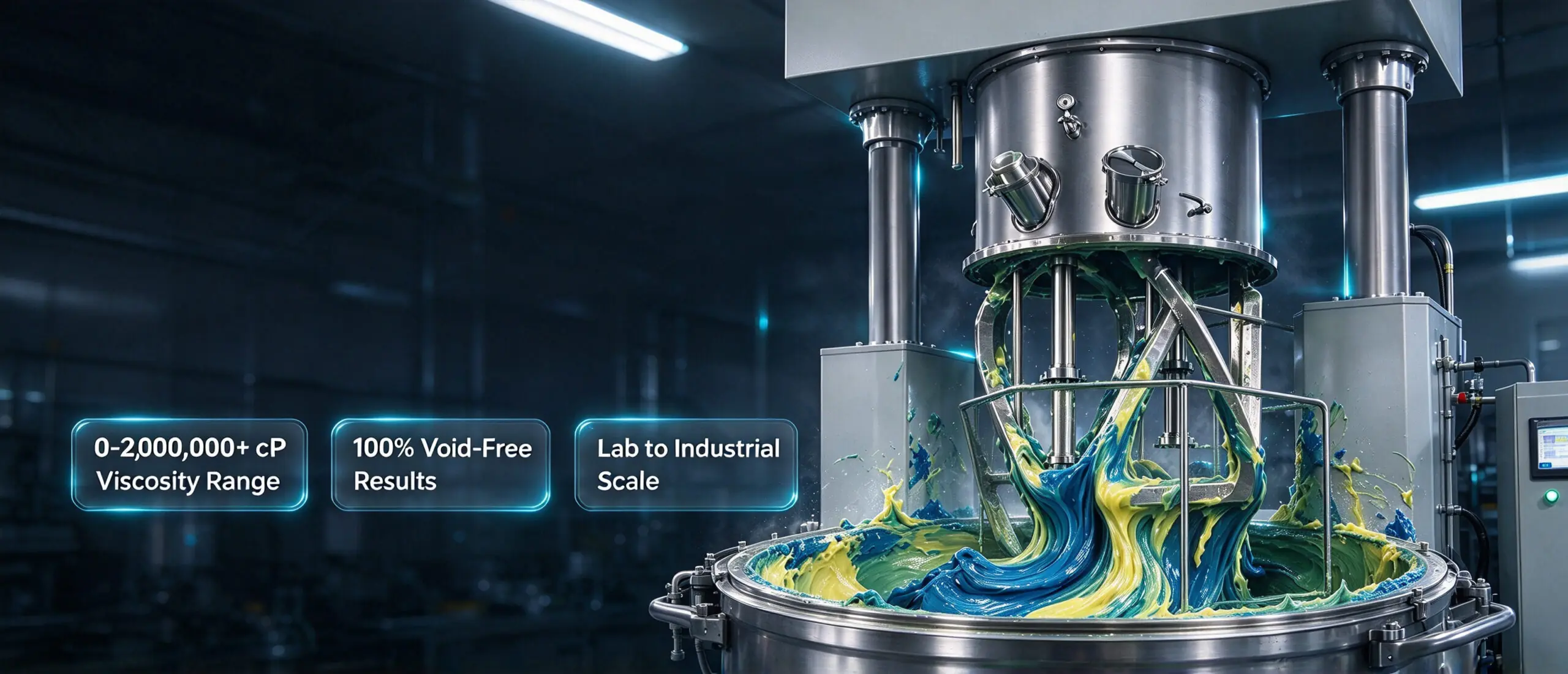 Precision-engineered planetary and double planetary mixers designed to homogenize, disperse, and degas ultra-high viscosity formulations (up to millions of cP) without voids or thermal degradation.